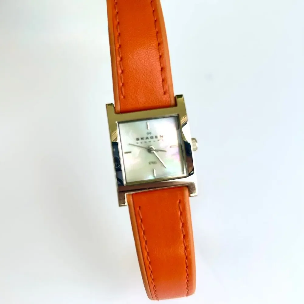 Skagen Denmark Square Watch Mother of Pearl Orange Leather Strap 2000s Vintage - Picture 8 of 14